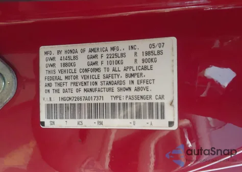 2007 Honda Accord 2.4 Ex из США, поврежденный, VIN 1HGCM72667A017371